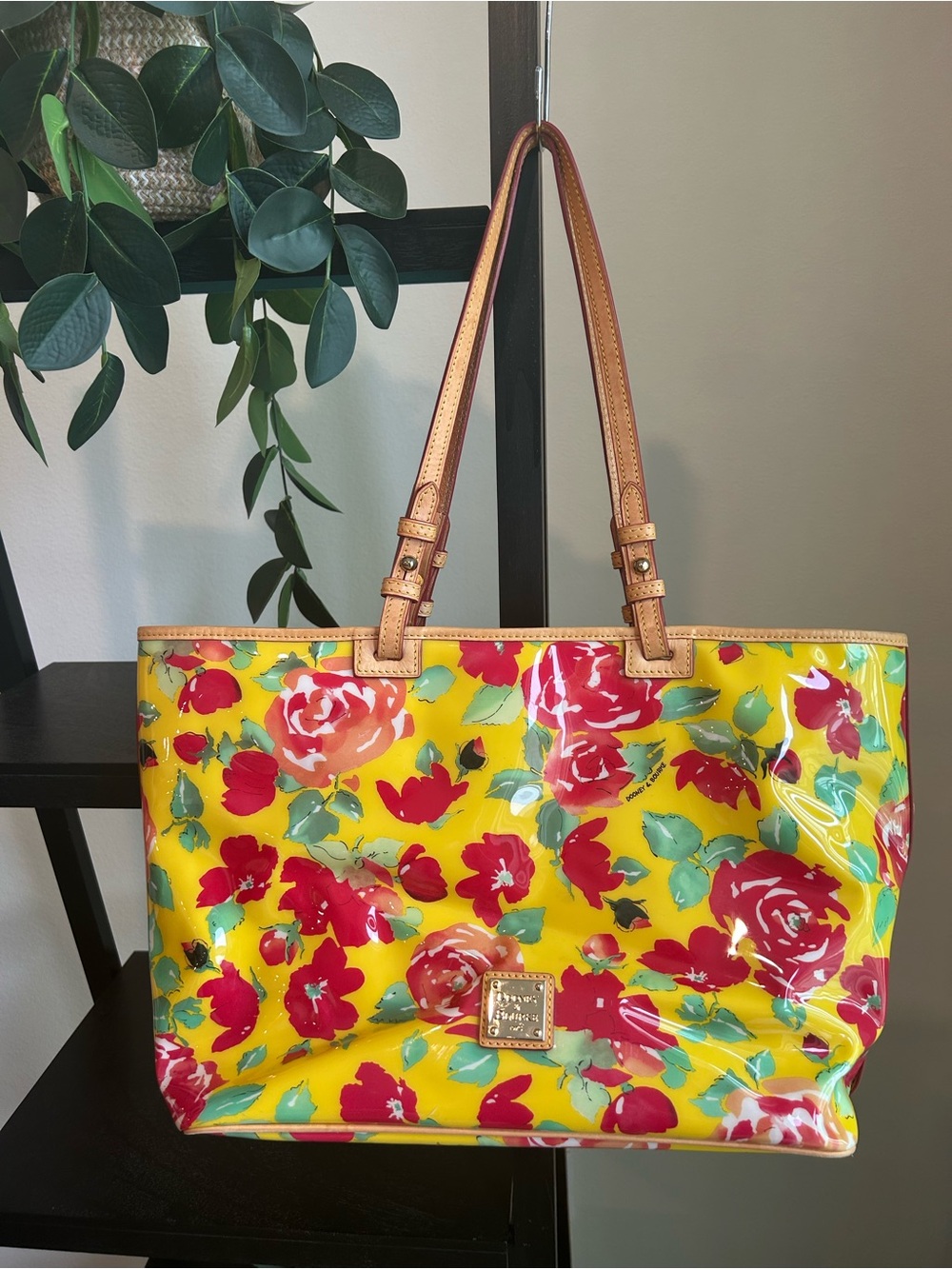Dooney and Bourke Yellow and Red Floral Tote Bag with Brown Straps